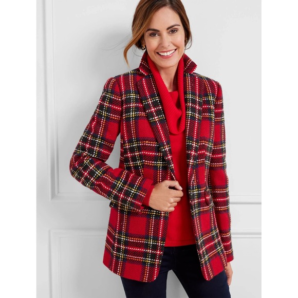 Talbots Jackets & Blazers - Talbots Snowstorm Plaid Blazer Red Tweed Wool Blend Flap Pockets Tartan Preppy